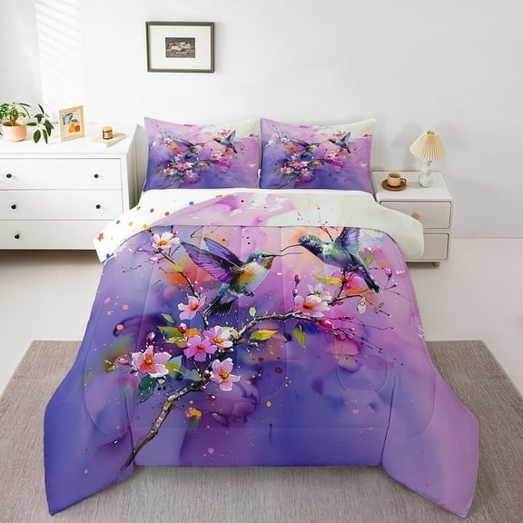 Erosebridal Animal Hummingbird Comforter Sets,Colorful Floral Comforters & Duvets,Bird Bedroom Decor,Breathable,Reversible,2pcs