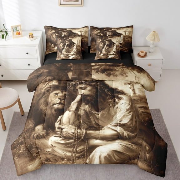 Erosebridal Animal Lion Bedding Sets Twin Size,Christian Jesus Comforter Sets with Sheets,Religious Room Decorative,Reversible,Lightweight,7-Piece