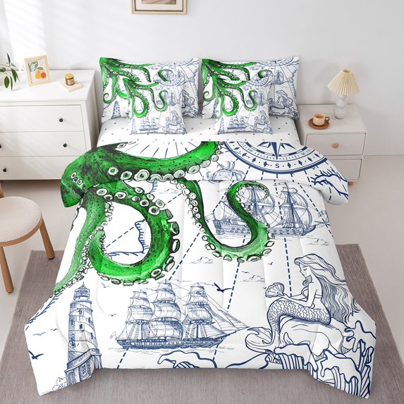 Erosebridal Animal Octopus Bedding Queen Size,Nautical Boat Anchor Bed In A Bag Queen Size,Mermaid Decoration,Reversible,Lightweight,7 Pieces