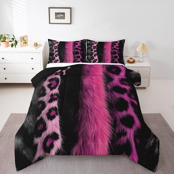 Erosebridal Animal Print Comforter Sets Queen Size,Wildlife Cheetah Bedding Queen Comforter Set,Black Pink Bedding Sets Queen with Comforter,Super Cozy Safari Room Decoration,Reversible,3 Pieces
