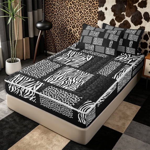 Erosebridal Animal Print Patchwork Zipper Twin Comforter Sets with Fitted Sheet and 2 Pillowcases,Zebra Giraffe Leopard Block Accent Zipper Bedding Set,Black White,4-Piece,Black Reversible