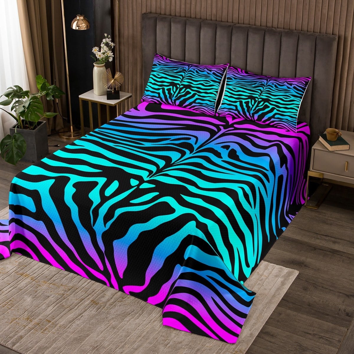 Erosebridal Animal Print Queen Quilt Set Teal Blue Zebra Print Coverlet Set, Purple Pink ...
