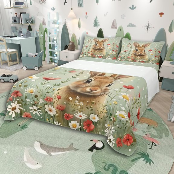 Erosebridal Animal Rabbit Bed Sheets 4pcs For Children,Kids Easter Flowers Animal King Sheets,Luxury Bedroom Decor