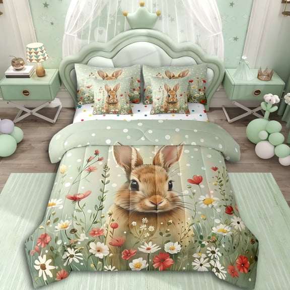 Erosebridal Animal Rabbit Twin Bedding Sets 7-Piece For Children,Kids Easter Flowers Animal Bedding Comforter Set,Luxury Bedroom Decor