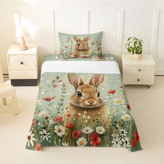 Erosebridal Animal Rabbit Twin Sheet Sets 3pcs For Children,Kids Easter Flowers Animal Bedding,Luxury Bedroom Decor