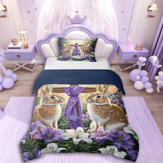 Erosebridal Animal Rabbits Purple Ribbon Twin Bedding For Teens,Happy Easter Duvet Cover Set For Children Kids,2pcs,No Comforter,Navy Blue Reversible
