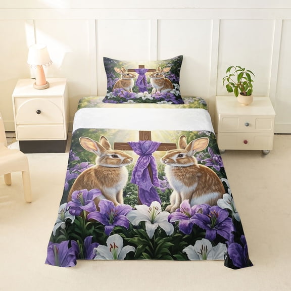 Erosebridal Animal Rabbits Purple Ribbon Twin Sheet Sets 3pcs For Teens,Happy Easter Bedding For Children Kids,Microfiber Bedroom Decor
