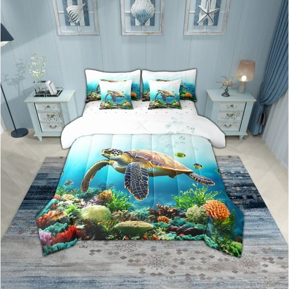 Erosebridal Animal Sea Turtle Bedding Sets Twin Size,Marine Wildlife Comforter Sets with Sheets,Microfiber Bed in a Bag Twin size,Sealife Decor,7pcs