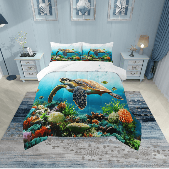 Erosebridal Animal Sea Turtle Bedding Twin Comforter Set,Marine Wildlife Down Comforter,Microfiber Bedding Sets Twin with Comforter,Sealife Decor