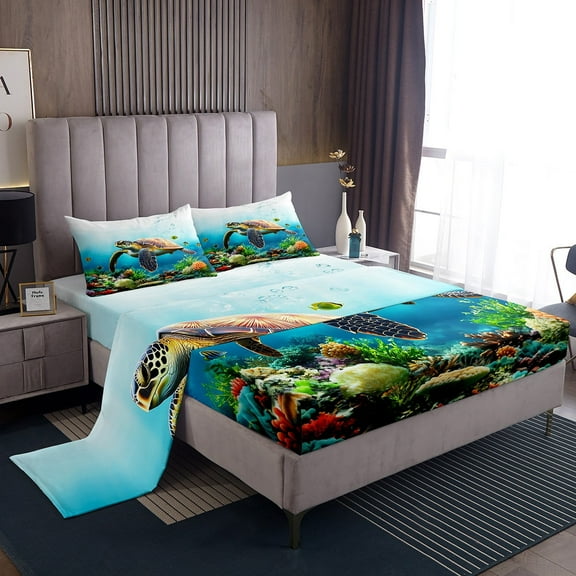 Erosebridal Animal Sea Turtle Sheet Set Twin,Marine Wildlife Bedding Sets Twin Size,Microfiber Bed Sheets Twin,Sealife Decor,3pcs