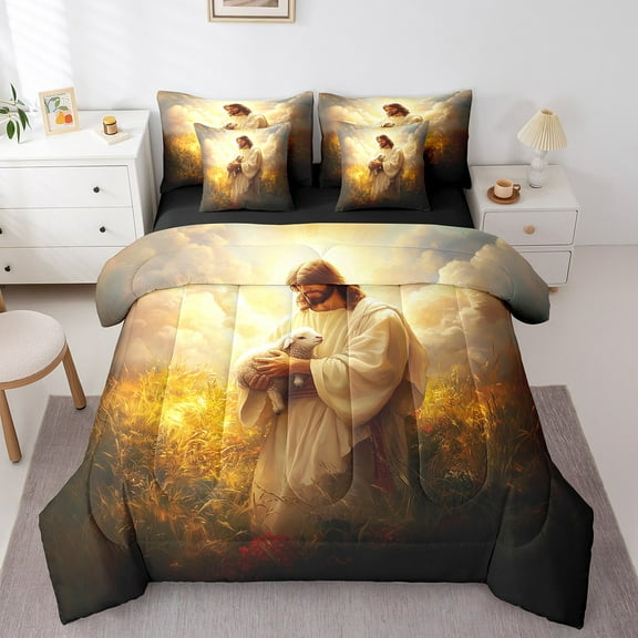 Erosebridal Animal Sheep Bed in a Bag Full size,Christian Jesus Bed Set,Religious Room Decorative,Reversible,Breathable,7 Pieces