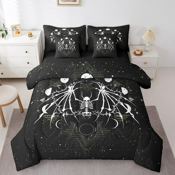 Erosebridal Animal Sugar Skull Skeleton Bedding Full Size,Gothic Halloween Comforter Sets with Sheets,Moon Phase Bedding Sets Full Size,Lightweight Bedroom Decorative Reversible,7 Pieces