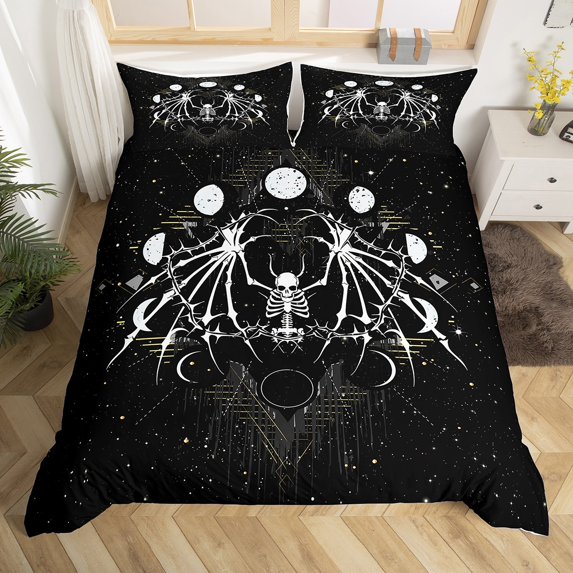 Erosebridal Animal Sugar Skull Skeleton Duvet Cover Full,Gothic Halloween Bedding Sets Full Size,Moon Phase Comforter Cover Full,Lightweight Bedroom Decorative Reversible,3-Piece(No Comforter)