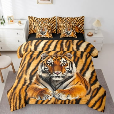 Erosebridal Animal Tiger Bedding Sets Twin Size,Woodland Wildlife Comforter Sets with Sheets,Golden Black,Reversible,Breathable,7-Piece