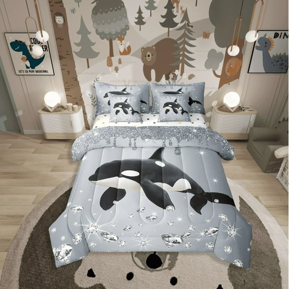 Erosebridal Animal Whale Bedding Sets Twin Size,Crystal Glitter Comforter Sets With Sheets,Sequin Print Decoration,Reversible,Breathable,7Pcs