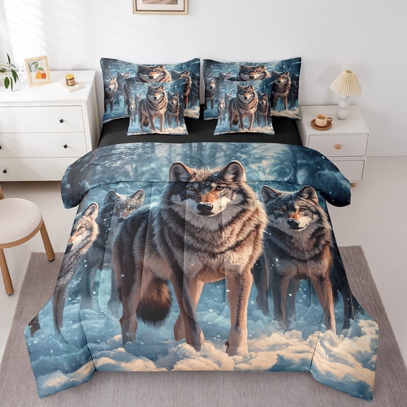 Erosebridal Animal Wolf Bedding Queen Size,Woodland Wildlife Comforter Sets with Sheets,Jungle Animal Bedding Sets Queen Size,Breathable Safari Room Decoration,Reversible,7 Pieces