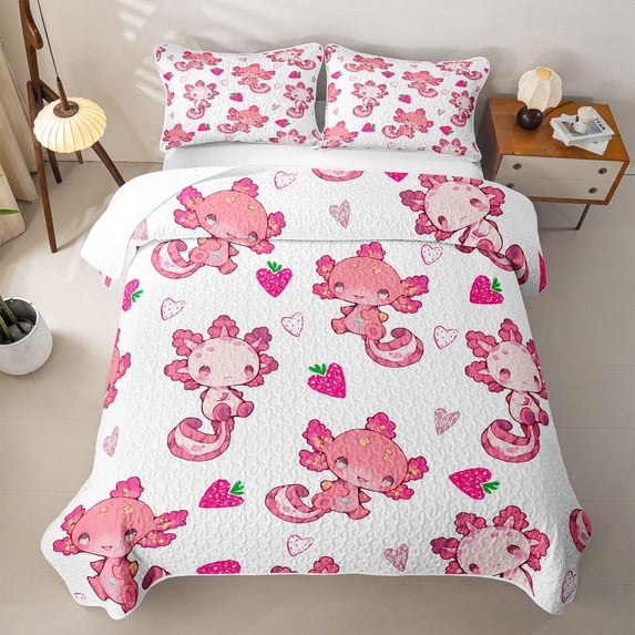 Erosebridal Anime Axolotl Quilt King,Pink Strawberry King Coverlet Set For Girls,3pcs
