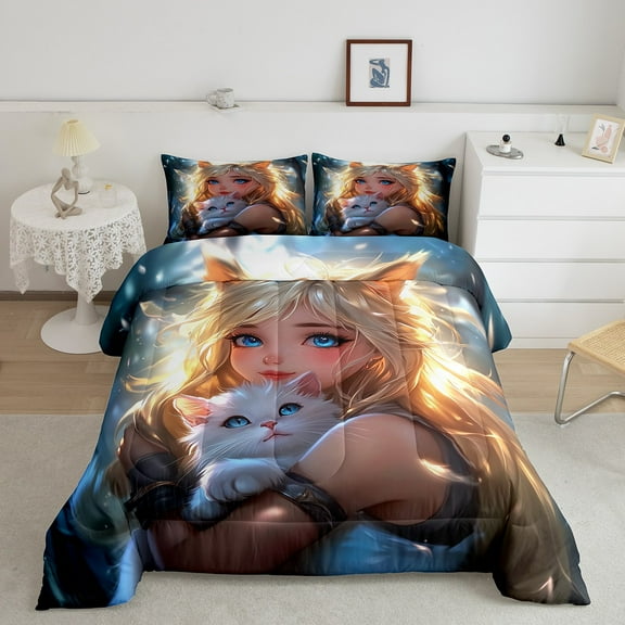 Erosebridal Anime Comforter Sets King Size, Cute Cat Comforters & Duvets, Cartoon Theme Decor, Reversible