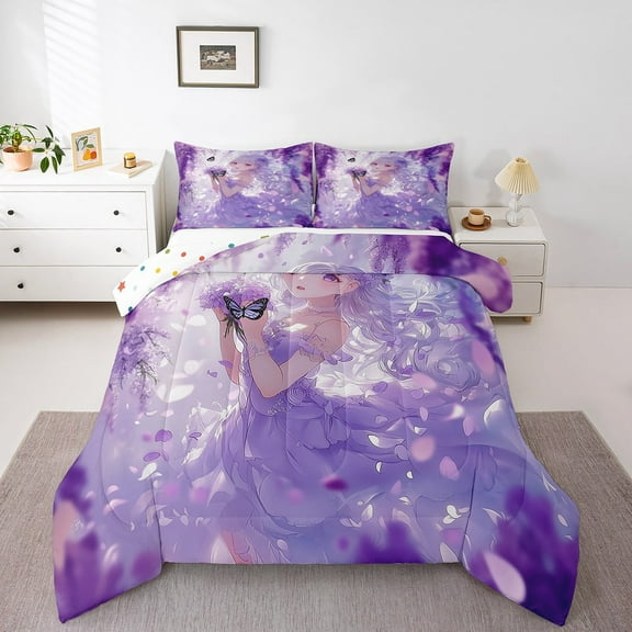 Erosebridal Anime Princess Comforter Sets,Cartoon Comforters & Duvets,Romantic Butterfly Floral Decor,Breathable,Reversible,2pcs