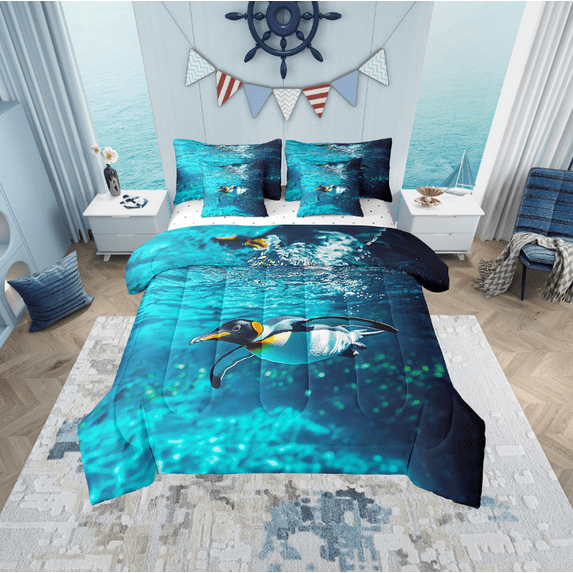 Erosebridal Antarctic Penguin Bedding King Size, Kawaii Animal Bed Set, Ocean Marine Reversible Bed in a Bag King size, Ultra Soft Room Decoration, 7pcs