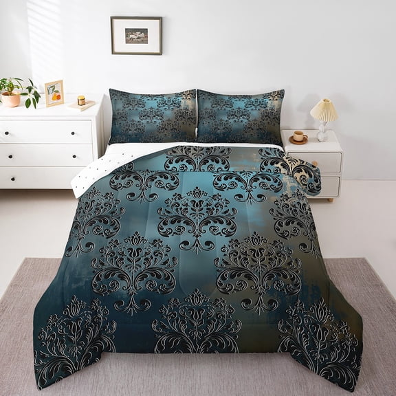 Erosebridal Antique Damask Bedding Queen Comforter Set, Black Turqoise Oil Painting Down Comforter, Reversible 3 Pieces