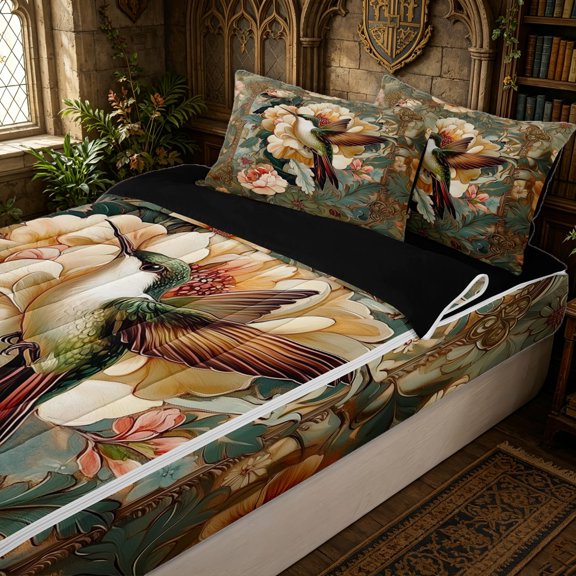 Erosebridal Antique Floral Hummingbird Zipper Twin Comforter Sets with Fitted Sheet and 2 Pillowcases for Women Men, Teal Peony Garden Bird Zipper Bedding Set, Black Reversible, 4pcs