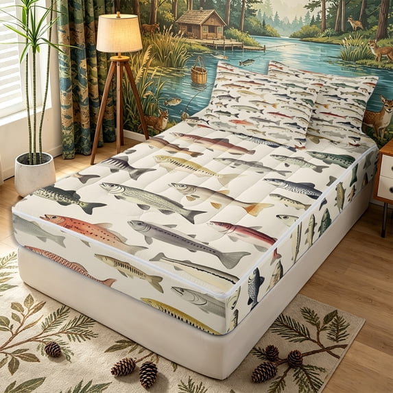 Erosebridal Antique Freshwater Fish Grid Zipper Twin Comforter Sets with Fitted Sheet and 2 Pillowcases,Vintage Wildlife Zipper Bedding Set,Beige Brown,4-Piece,Reversible