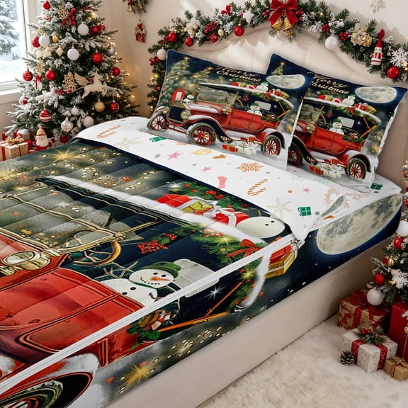 Erosebridal Antique Red Car Snowman Zipper Twin Comforter Sets with Fitted Sheet and 2 Pillowcases for Girls Boys, Classic Christmas Winter Hoilday Zipper Bedding Set, Christmas Reversible, 4pcs