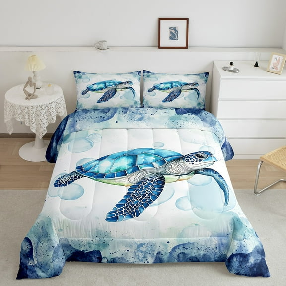 Erosebridal Aqua Sea Turtle Bedding Queen Comforter Set, Ocean Reptile Down Comforter, Marine Wildlife Bedding Sets Queen with Comforter, Microfiber Room Decorative, 3 Pieces