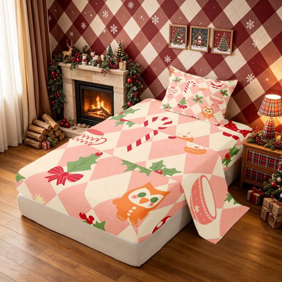Erosebridal Argyle Owl Twin Sheets, Christmas Tree Bedding, Red Peach, Pink Reversible, 3 Pieces, 1 Flat Sheet, 1 Fitted Sheet and 1 Pillowcase