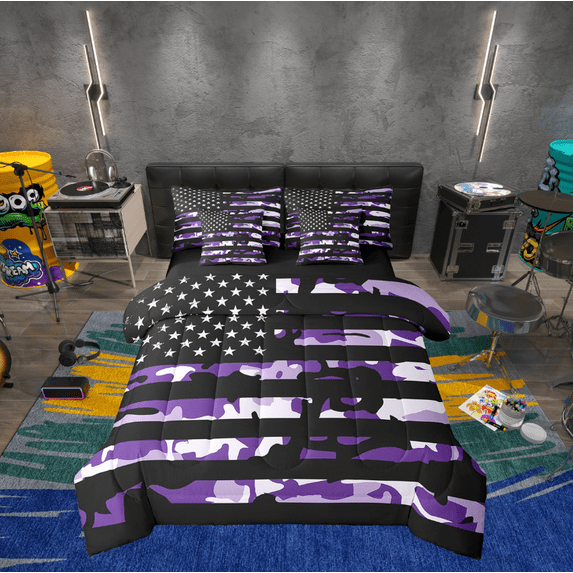 Erosebridal Army Camouflage Bedding Sets Full Size, American Flag Comforter Sets with Sheets, Military Camo Decor, Reversible 7pcs