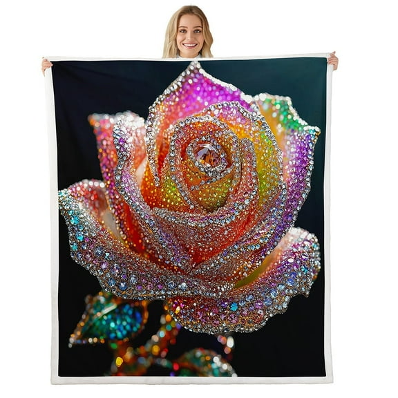 Erosebridal Crystal Rose Throw Blanket for Couch,Bling Flower Plush Blanket,Breathable Sherpa Blanket 30x40,Floral Decor