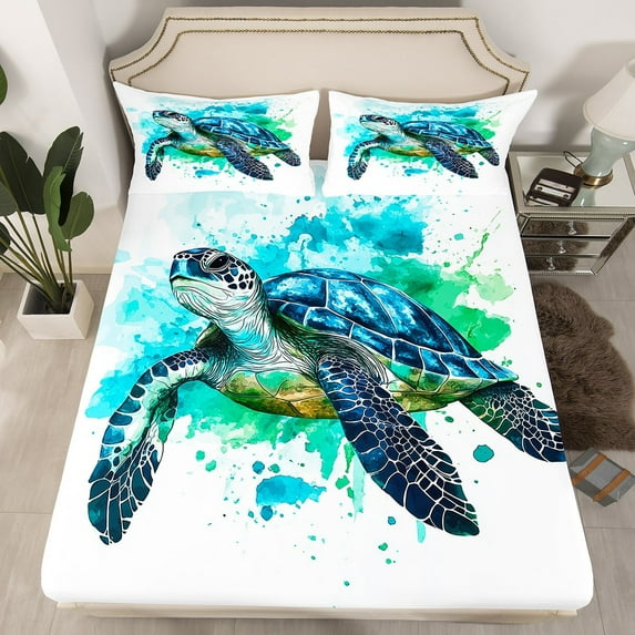 Erosebridal Animal Sea Turtle Fitted Sheet Set Queen,Marine Wildlife Fitted Sheet Queen,Super Cozy Bedding Queen Size,Watercolor Decor,3 Pieces(Fitted Sheet,Pillowcase)