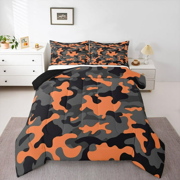 Erosebridal Army Camouflage Lightweight Bedding Set Teens Camo Comforter Set Colorful Pattern Decor Comforter Orange Black Grey Quilt Set Bedroom Collection 3Pcs Queen Size