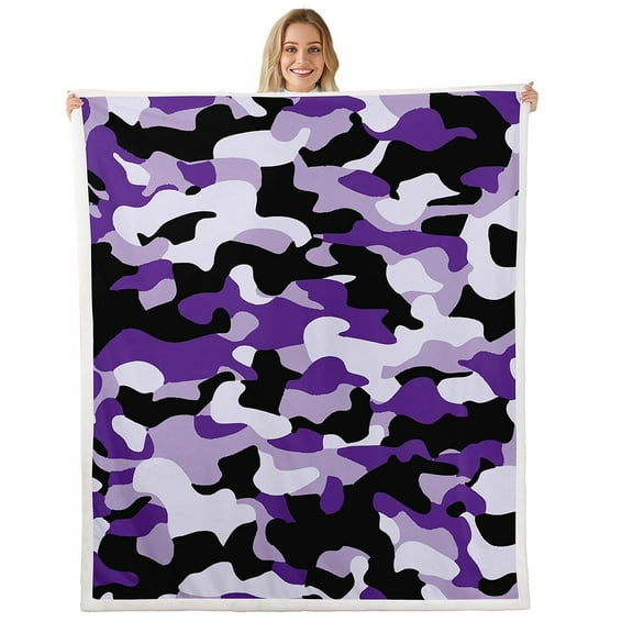 Erosebridal Army Camouflage Sherpa Blanket, Purple Camo Fuzzy Blanket Throw, Military Theme Decor, 90x90