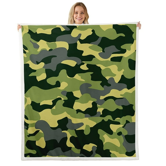 Erosebridal Army Green Camo Fleece Blanket, Vintage Camouflage Sherpa Throw, Militarily Tie Dye Decor, 90x90