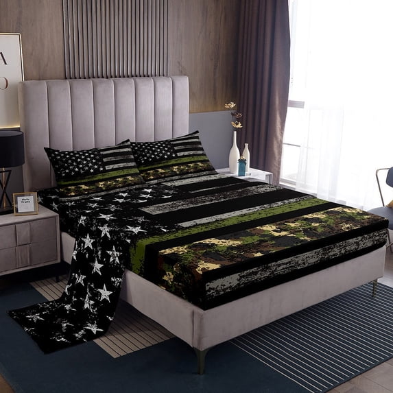 Erosebridal Army Green Camo Twin Sheet Sets, Vintage US Flag Bedding Twin Size, Army Camouflage Decor