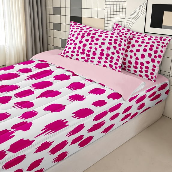 Erosebridal Artistic Blot Zipper Queen Comforter Set with Fitted Sheet and 2 Pillowcases for Girls, Modern Blob Print Zipper Bedding Set, Pink Reversible, 4 Pieces