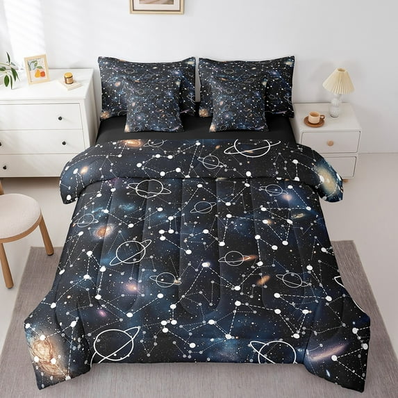 Erosebridal Astrology Bedding Sets Twin Size, Mystic Galaxy Comforter Sets with Sheets, Space Ship Reversible Bed Set, Microfiber Bedroom Decor, 7 Pieces