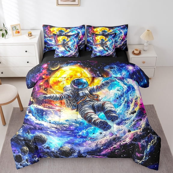 Erosebridal Astronaut Bedding Sets Full Size for Teens, Mystic Outer Space Comforter Sets with Sheets, Adventure Reversible Bed Sheets Set, Ultra Soft Bedroom Decorative, 7pcs