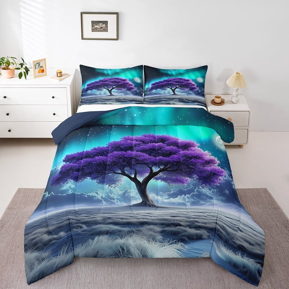 Erosebridal Aurora Comforter Set Twin,Purple Tree Rustic Bedding Set Adults,Moon and Stars Starry Night Quilt Bed Set Northern Lights Bed Comforter Sets with 1 Pillowcase