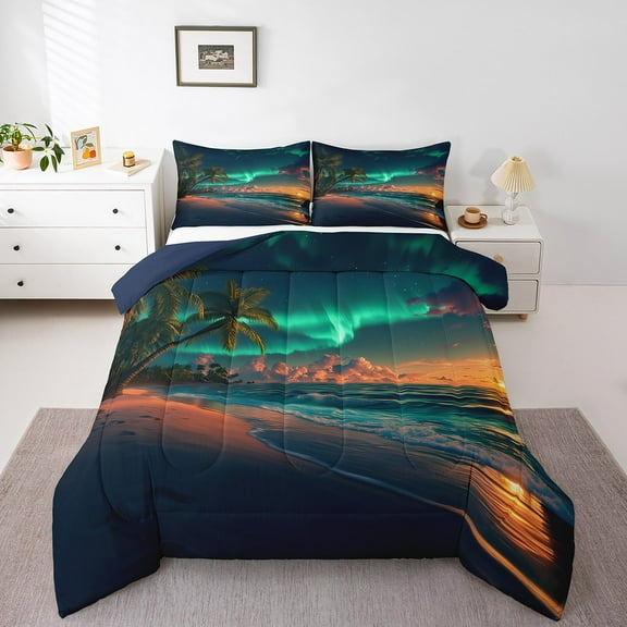 Erosebridal Aurora Comforter Set Twin Size,Coastal Beach Bedding Set Adults,Ocean Themed Palm Tree Quilt Bed Set Northern Lights Bedding Comforter Sets with 1 Pillowcase Bed