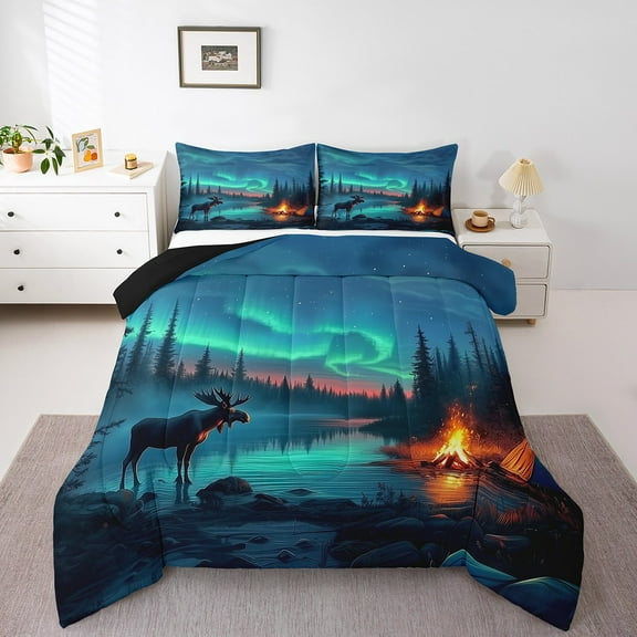 Erosebridal Aurora Moose Bedding Set Twin,Rustic Country Cabin Comforter Set Adults,Camping Tent Camper Quilt Bed Set Forest Pine Tree Bed Comforter Sets with 1 Pillowcase