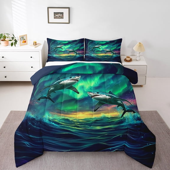 Erosebridal Aurora Shark Comforter Set Twin,Ocean Themed Shark Bedding Set Adults,Northern Lights Quilt Bed Set Marine Life Nautical Bed Comforter Sets with 1 Pillowcase Bed