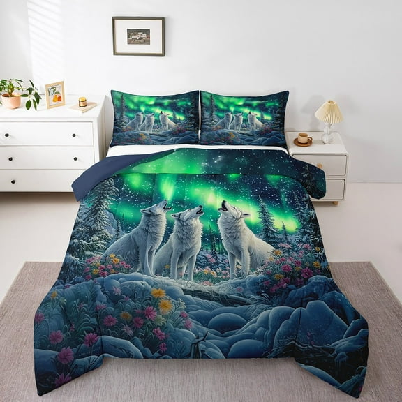 Erosebridal Aurora Wolf Comforter Set Full,Wildlife Hunting Wolf Bedding Set Adults,Animal Safari Quilt Bed Set Galaxy Starry Night Bed Comforter Sets with 2 Pillowcases