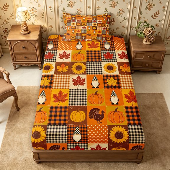 Erosebridal Autumn Gnome Pumpkin Twin Fitted Sheet 2 Pieces,Happy Thanksgiving Bedding,Plaid,1 Fitted Sheet and 1 Pillowcase