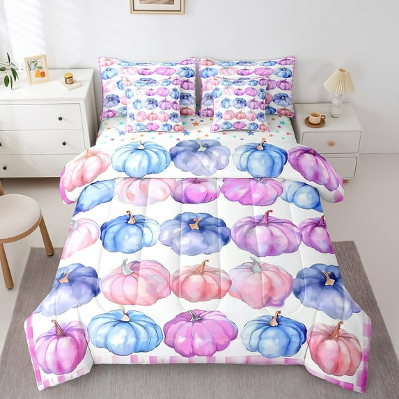Erosebridal Autumn Harvest Bedding Sets Twin Size,Colorful Pumpkin Comforter Sets with Sheets,Retro Rustic Farmhouse Cabin Bed in a Bag Twin Size,Ultra Soft Bedroom Decoration Reversible,7-Piece