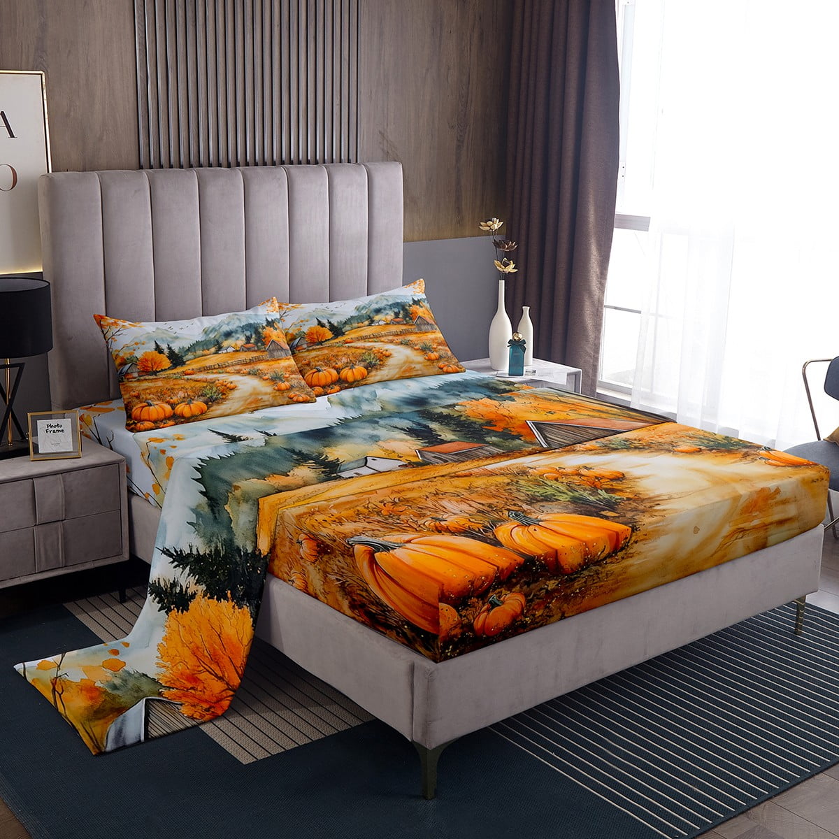 Erosebridal Autumn Harvest King Sheet Sets, Orange Pumpkin Bed Sheets ...