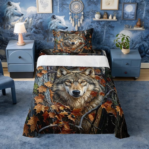 Erosebridal Autumn Jungle Wolf Print Twin Sheet Sets, Fall Wildlife Bedding for Men and Women, 1 Flat Sheet, 1 Fitted Sheet and 1 Pillowcase