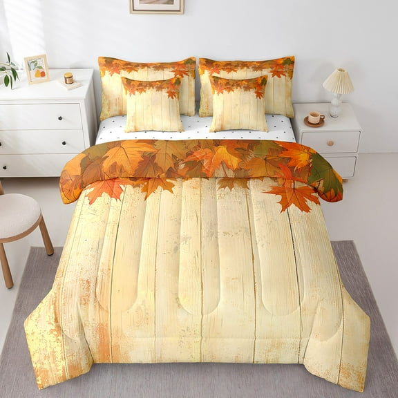 Erosebridal Autumn Maple Leaves Bed in a Bag King Size, Fall Botanical Plant Bed Set, Reversible 7pcs